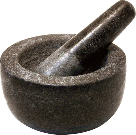 JADE TEMPLE, STONE MORTAR PESTLE DIA 11CM, HEIGHT 12CM